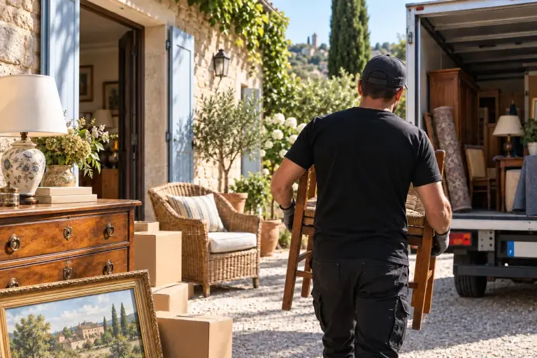 Professionnel de débarras transportant une chaise d'une maison vers un camion